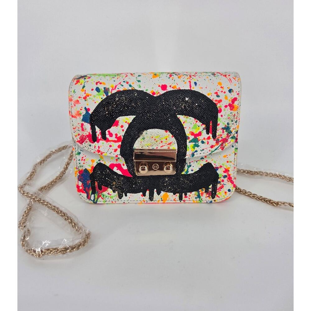 NEW Anca Barbu White CC Splatter Crossbody Handbag Purse Handpainted